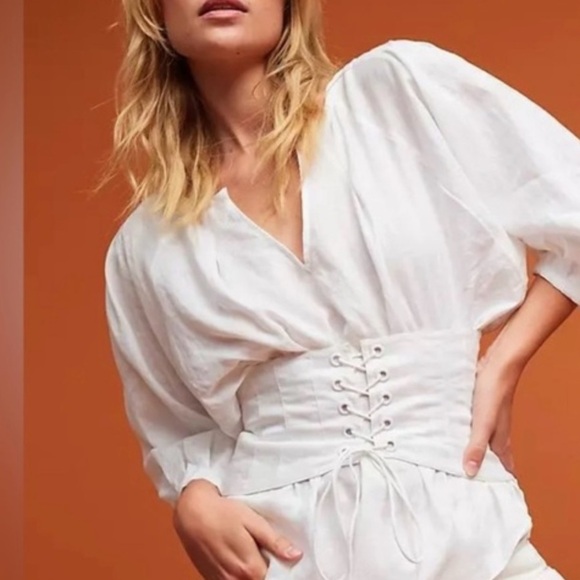 Anthropologie Tops - Anthropologie Akemi + Kin Linen White Corset Balloon Sleeve Blouse Size 2